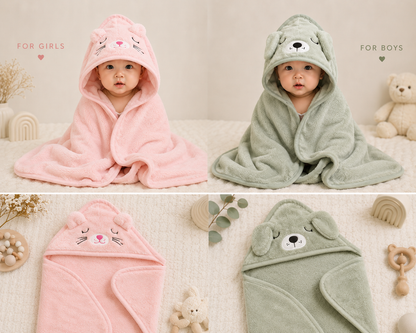 🤍 BabyGlow Hooded Baby Blanket – Cat & Elephant Edition
