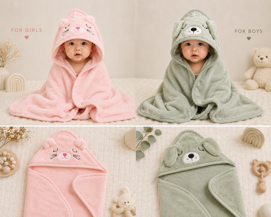 🤍 BabyGlow Hooded Baby Blanket – Cat & Elephant Edition