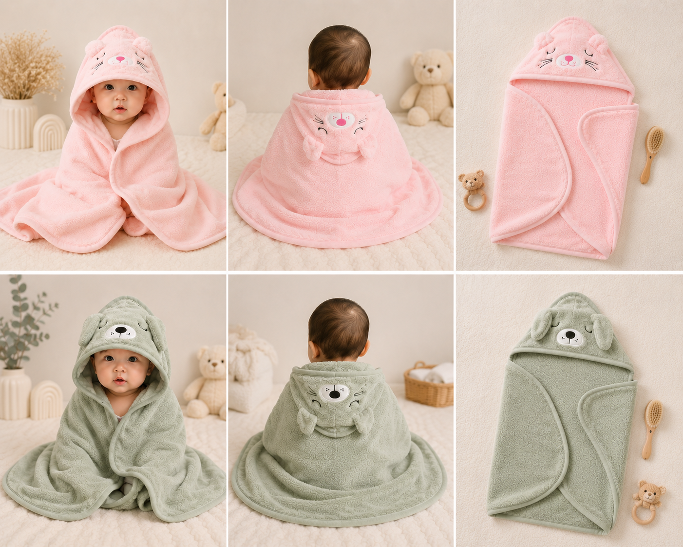 🤍 BabyGlow Hooded Baby Blanket – Cat & Elephant Edition