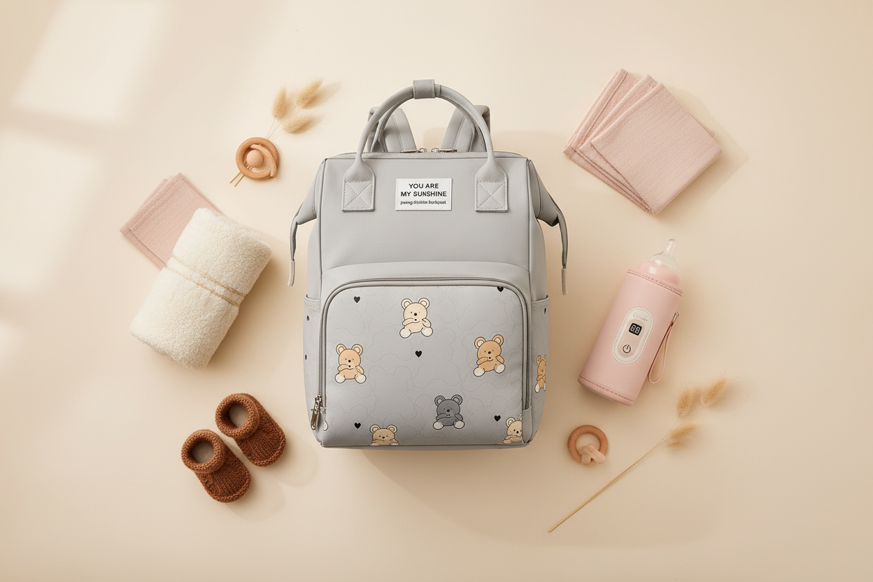BabyGlow On-The-Go Mama Bundle - Teddy Bear Backpack and Bottle Warmer flat lay